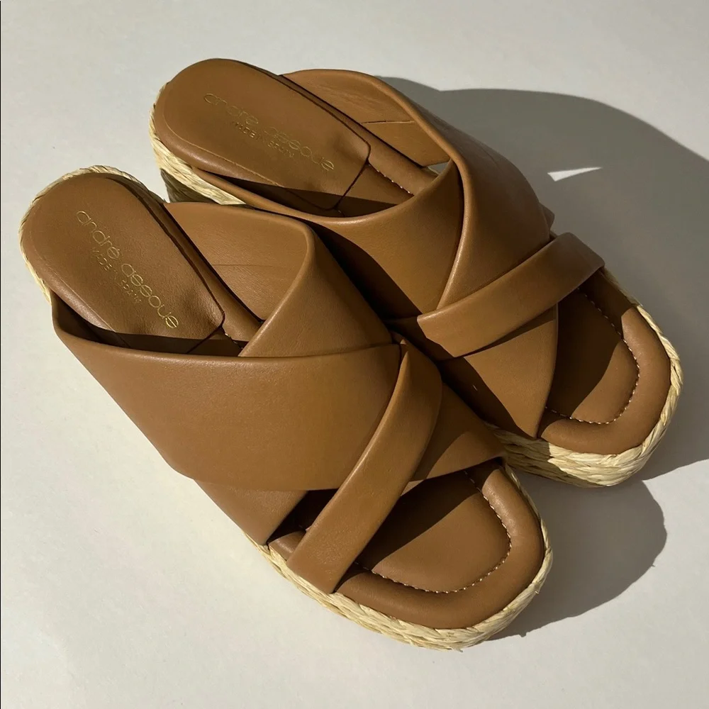 Andre Assous Calesa wedge sandals camel leather espadrilles platforms sz 39 NEW!